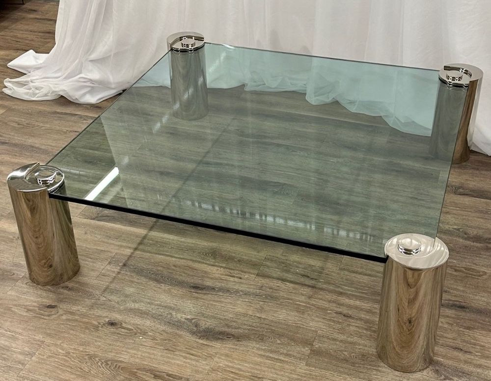 Mid-Century Modern Karl Springer Signed Chrome Coffee, Cocktail Table, Glass Top