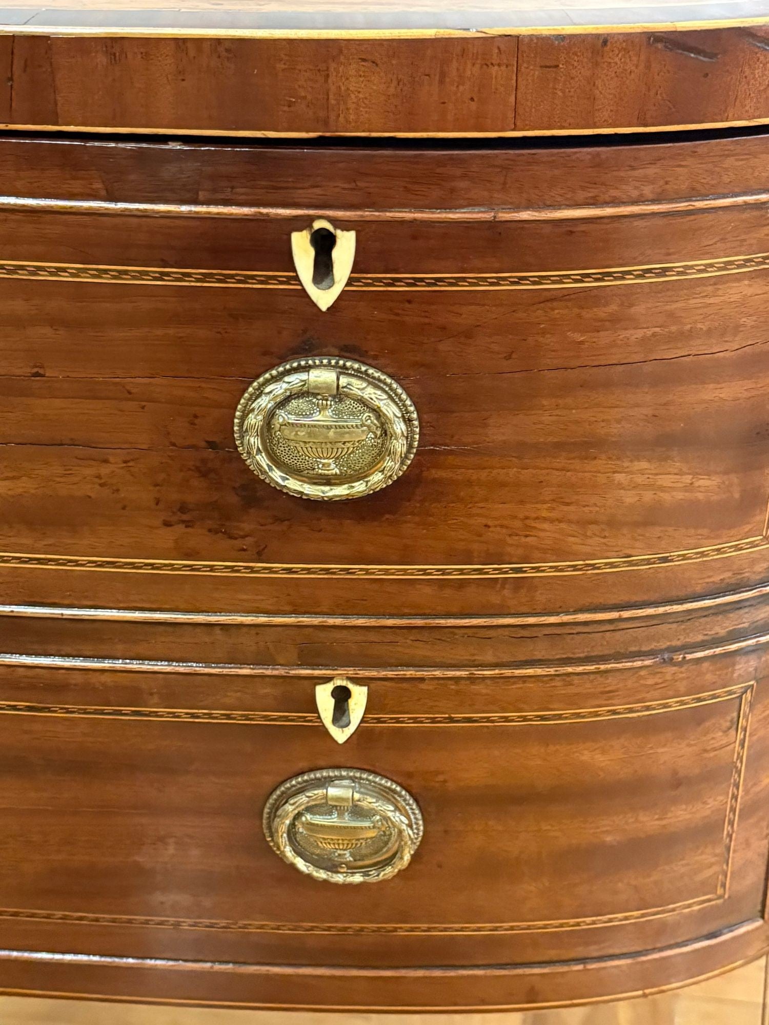 George lll, Mahogany, Inlaid Wood, Satinwood, Brass, Sideboard, England, 18th/19th C.