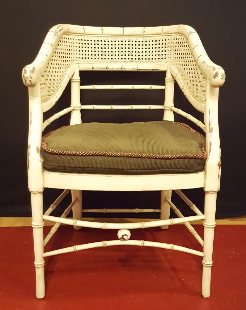 Pair of Mid Century Curved Back Bamboo Arm Chairs Removable Cushion