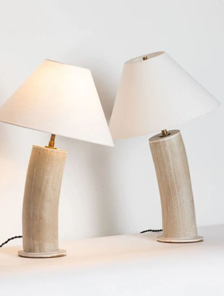 Pair Contemporary Stoneware Beige Glazed Ceramic Table / Desk Lamps, Parchment