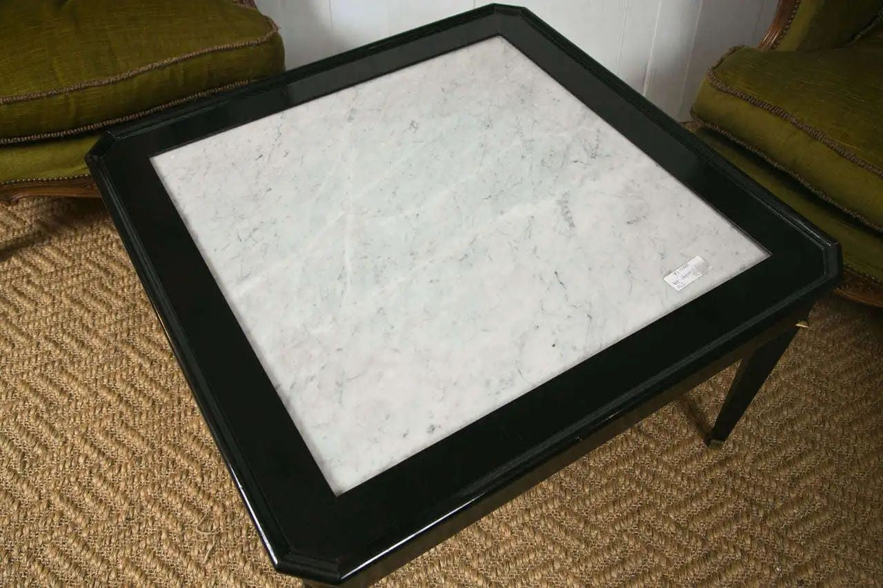 Maison Jansen Marble Top Ebony Coffee Cocktail Table. Hollywood Regency,
