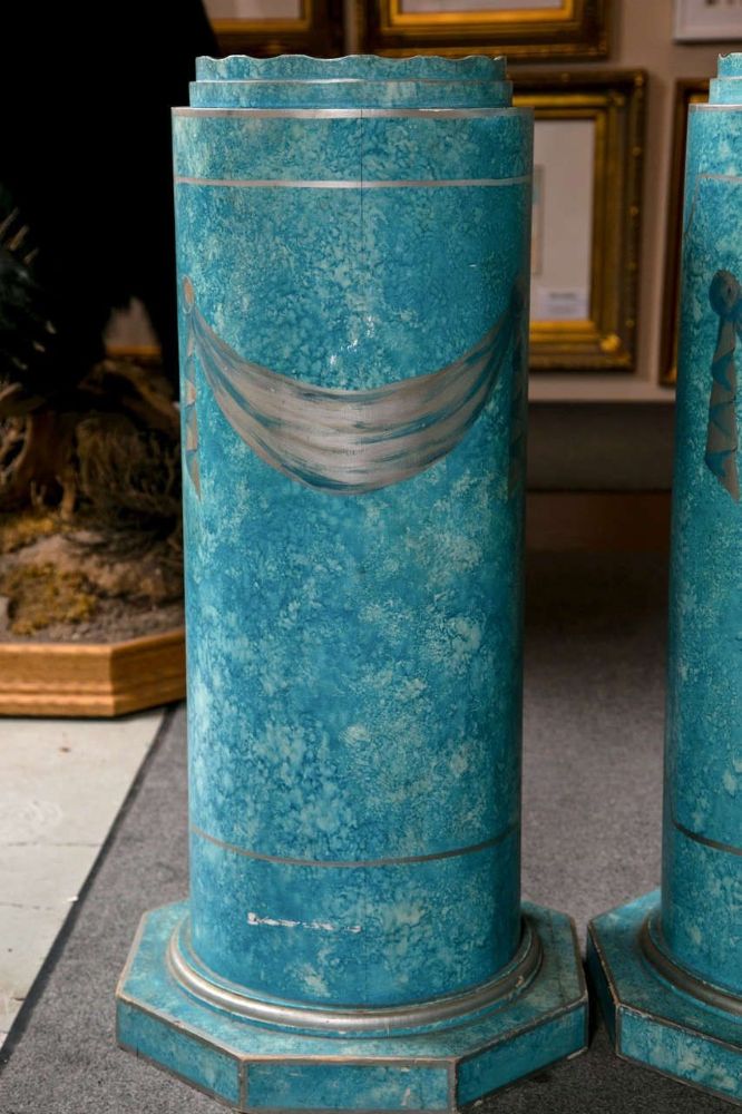 Pair Blue Distress Painted Pedestals With Drapery Motifs Hollywood Regency Style