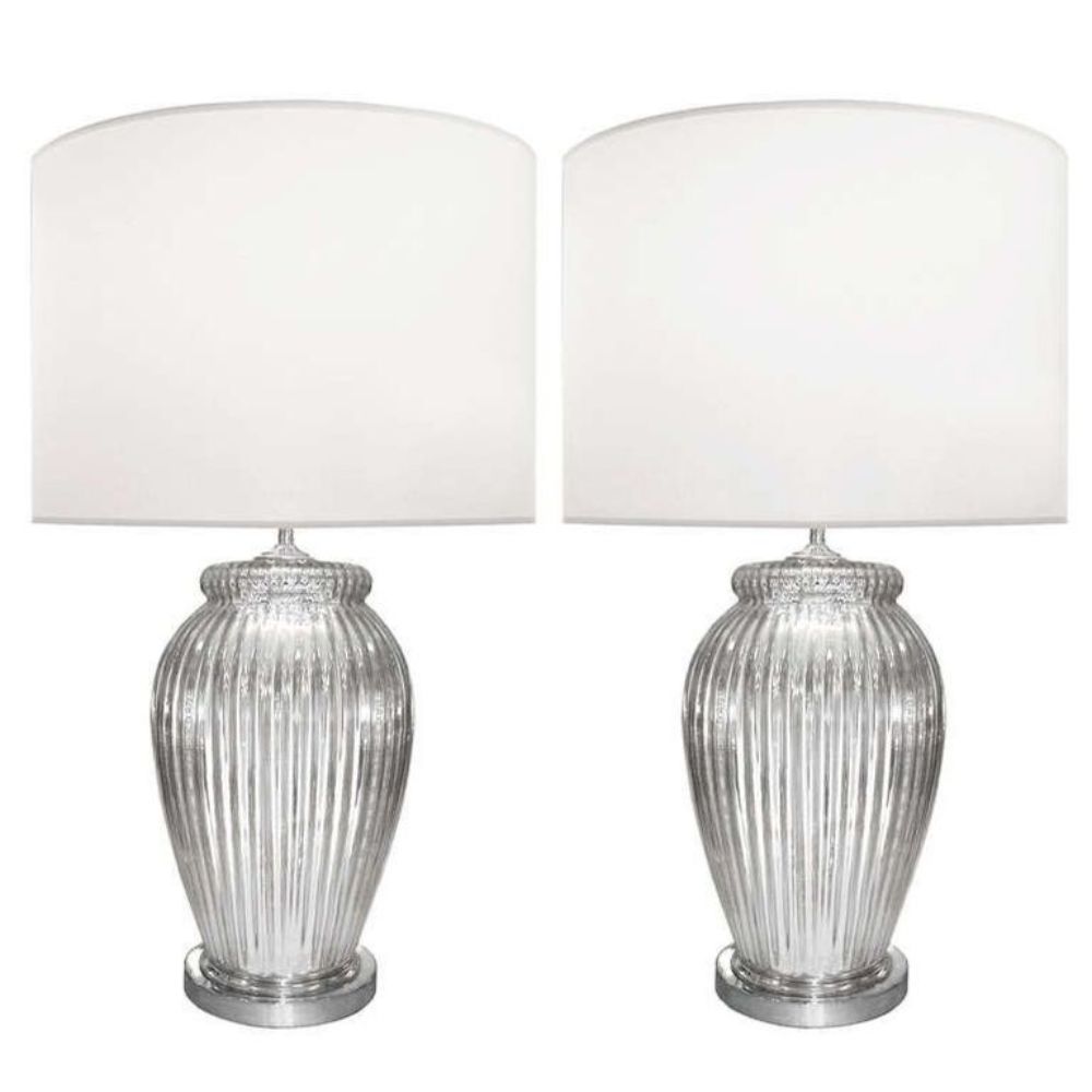 Pair of Mid-Century Modern Silver Table Lamps, Mercury Glass, Brass, Urn-Shaped