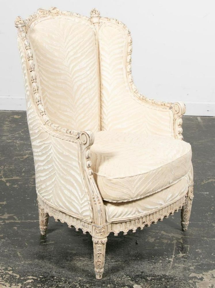 French Louis XVI Style Bergère Armchair with Silk Velvet Upholstery