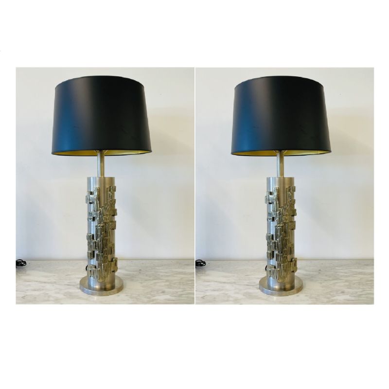 A Pair of Modernist Table Lamps, Brushed Nickel and Sculptural Metal, 1970s
