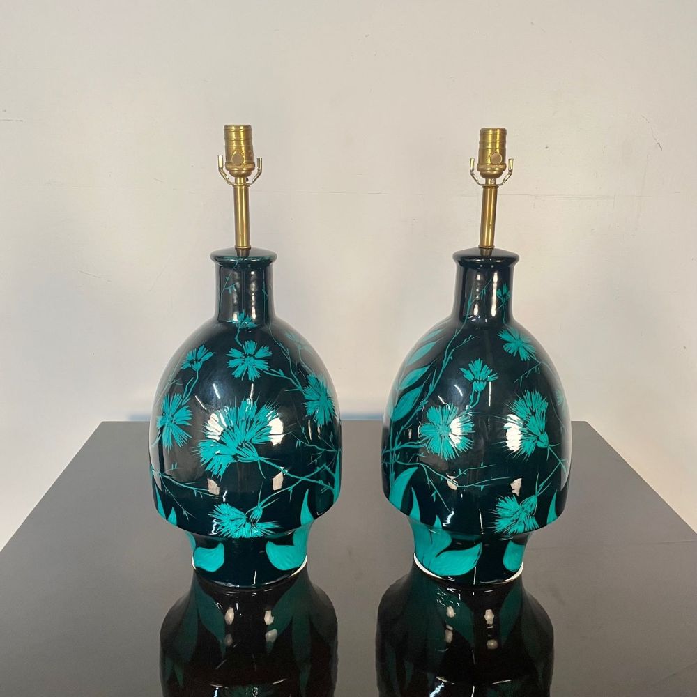 Pair of Mid-Century Modern Ceramic Floral Motif Table Lamps, Green and Blue
