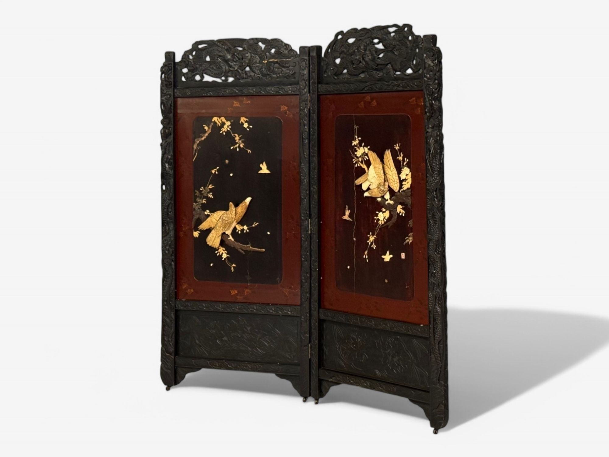Shibayama Art, Meiji Era, Ebonized Wood, Lacquer, Two Panel Screen, Japan, 1890s
