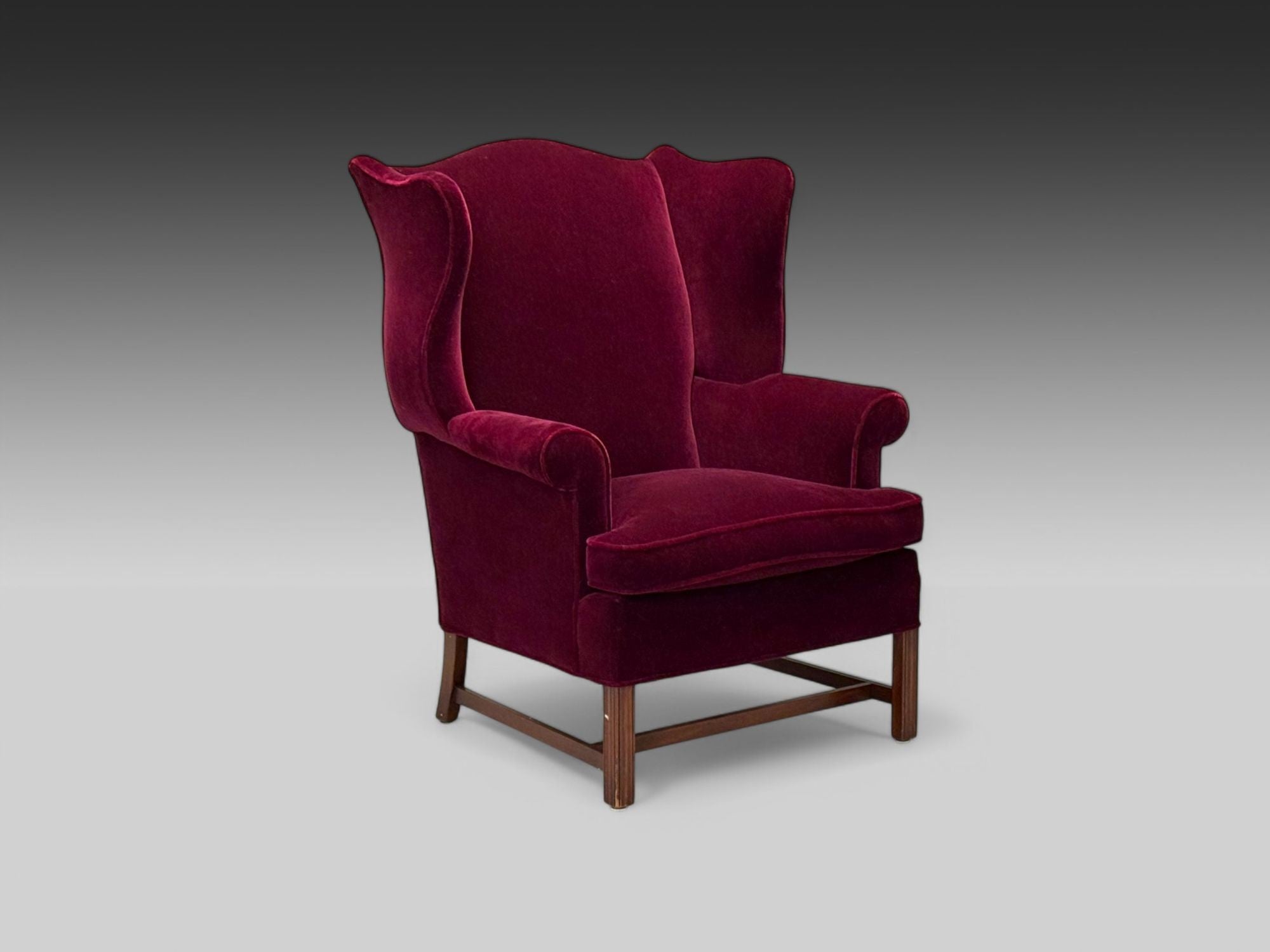 Georgian, Aubergine Mohair, Stained Wood, Wingback Chair, England, 1970s