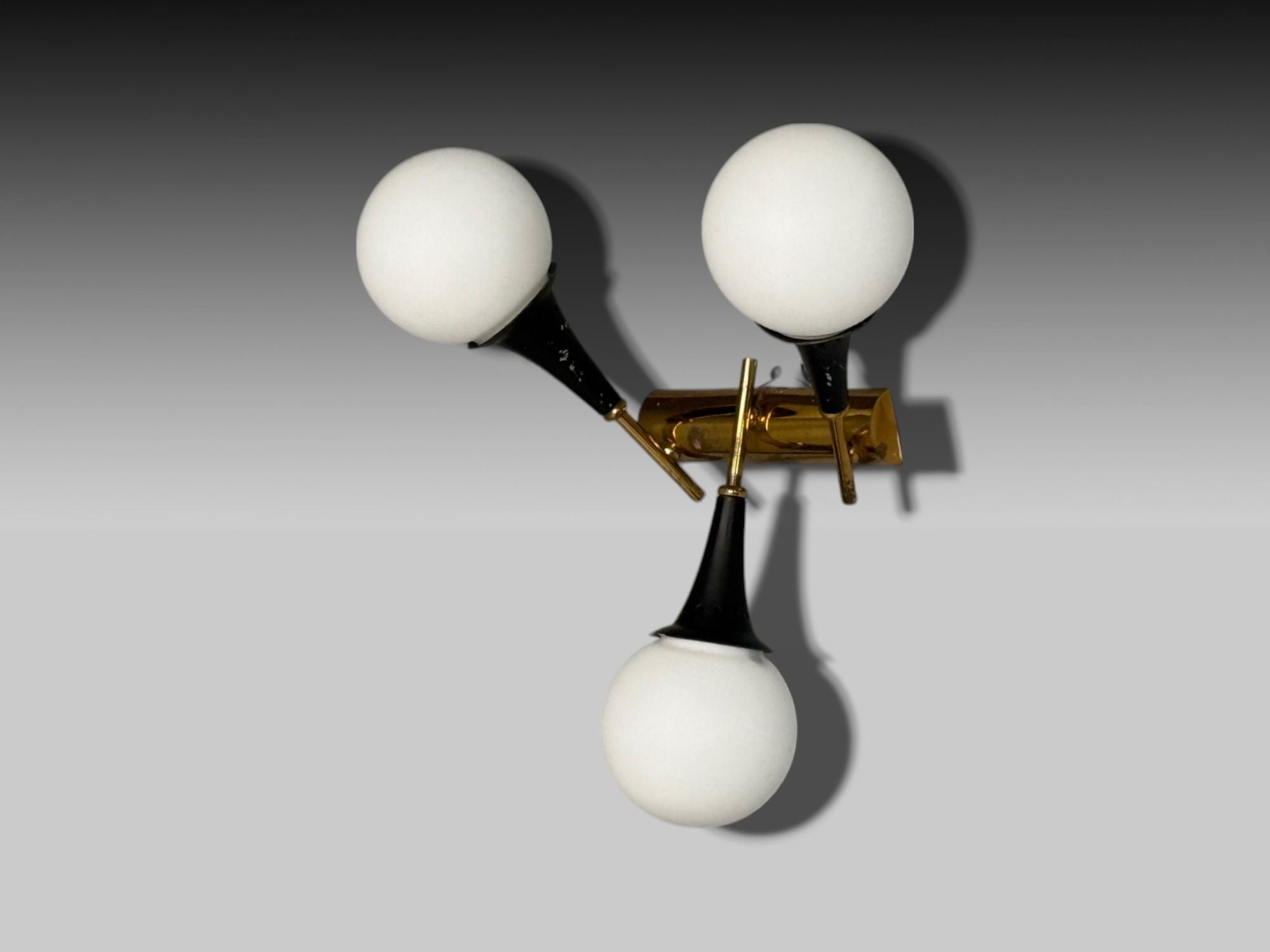 Stilnovo, Italian Mid-Century Modern, Brass, Glass, Three Light Sconce, 1950s