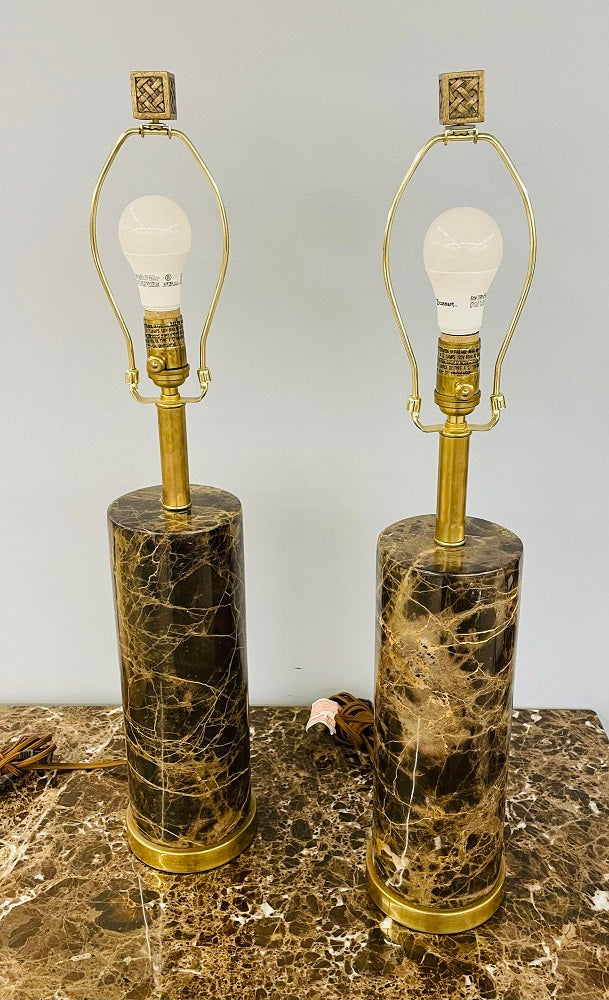 Pair of Modern Solid Marble Cylindrical Table Lamps, Brass Base, Single Bulb
