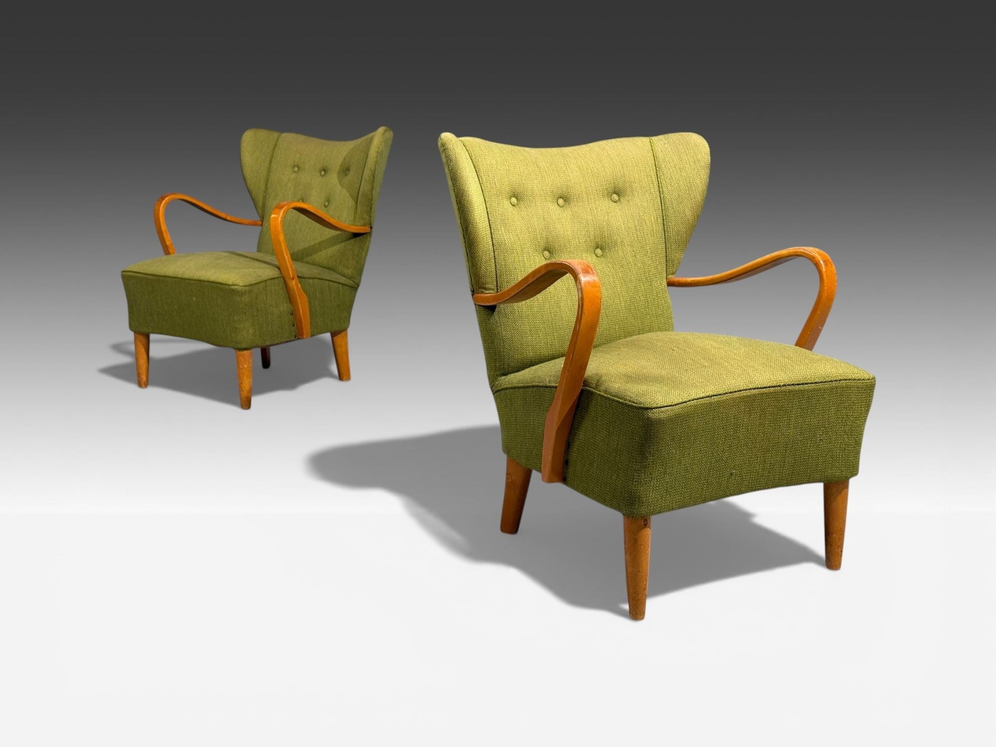 Swedish Modern, Lounge Chairs, Elm, Green Fabric, Sweden, 1930s