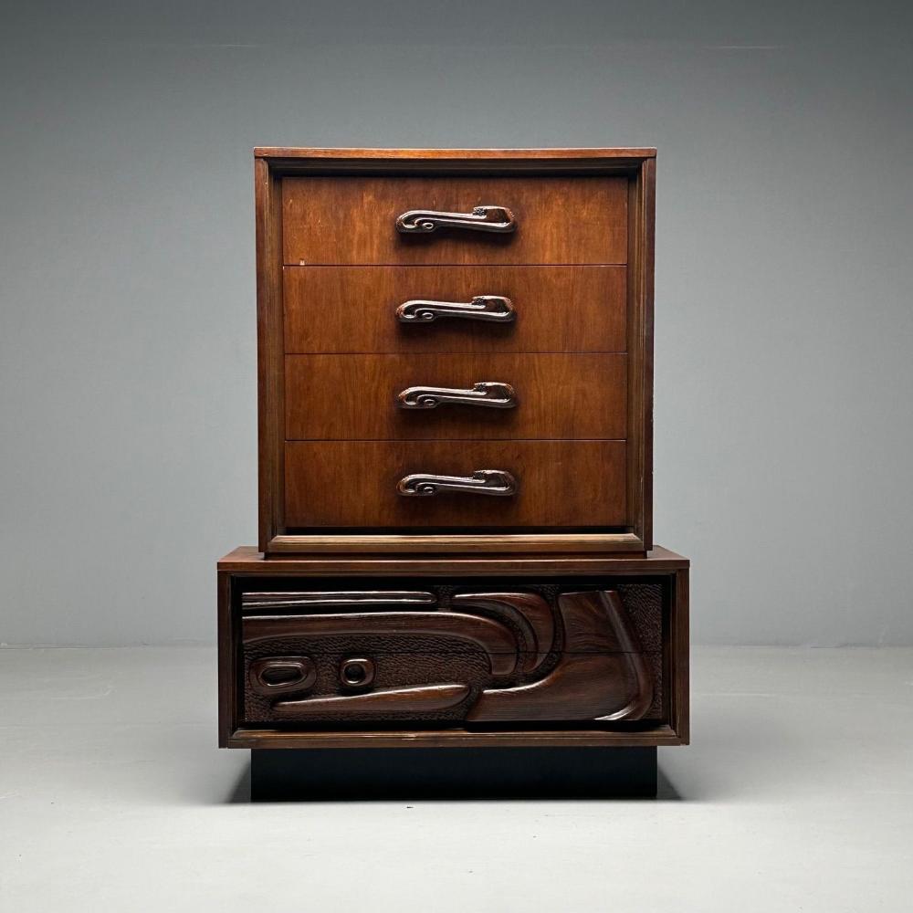 Pulaski, Brutalist Mid-Century Modern, Oceanic Highboy, Sculpted Walnut, 1960s