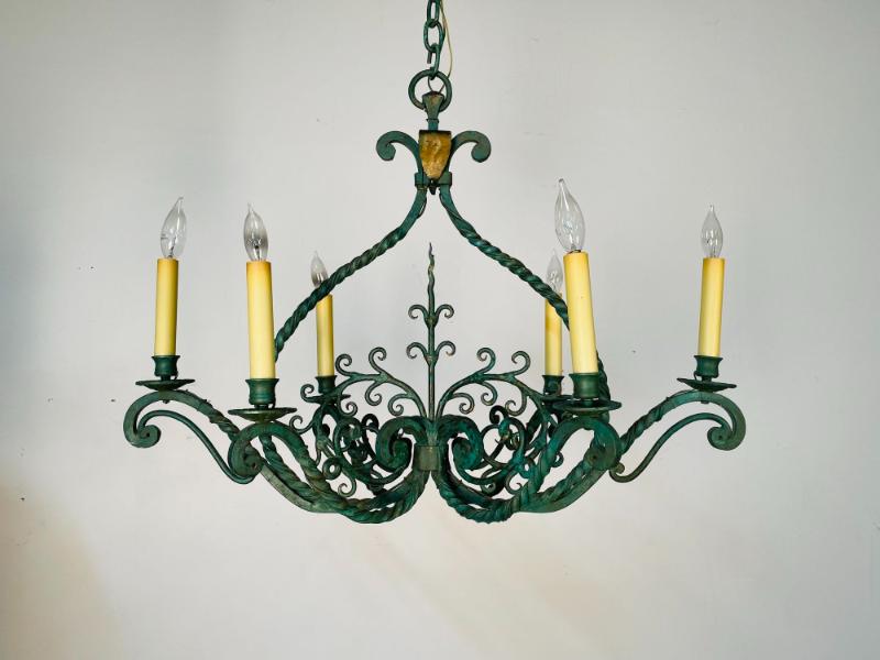 Wrought Iron Industrial Green Painted Chandelier, Circa 1930s