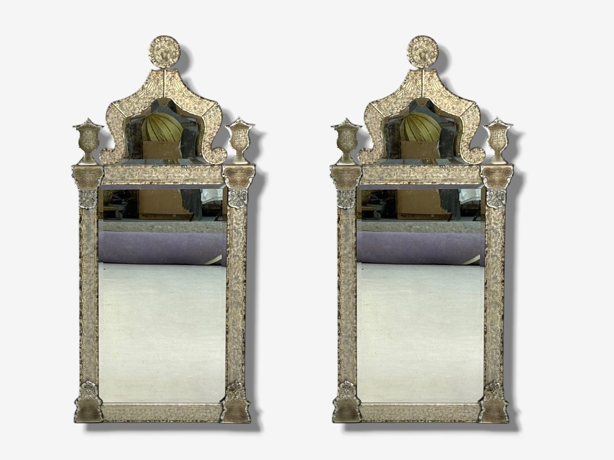 Hollywood Regency Style, Silver Leaf, Etched Glass, Venetian Wall Mirrors