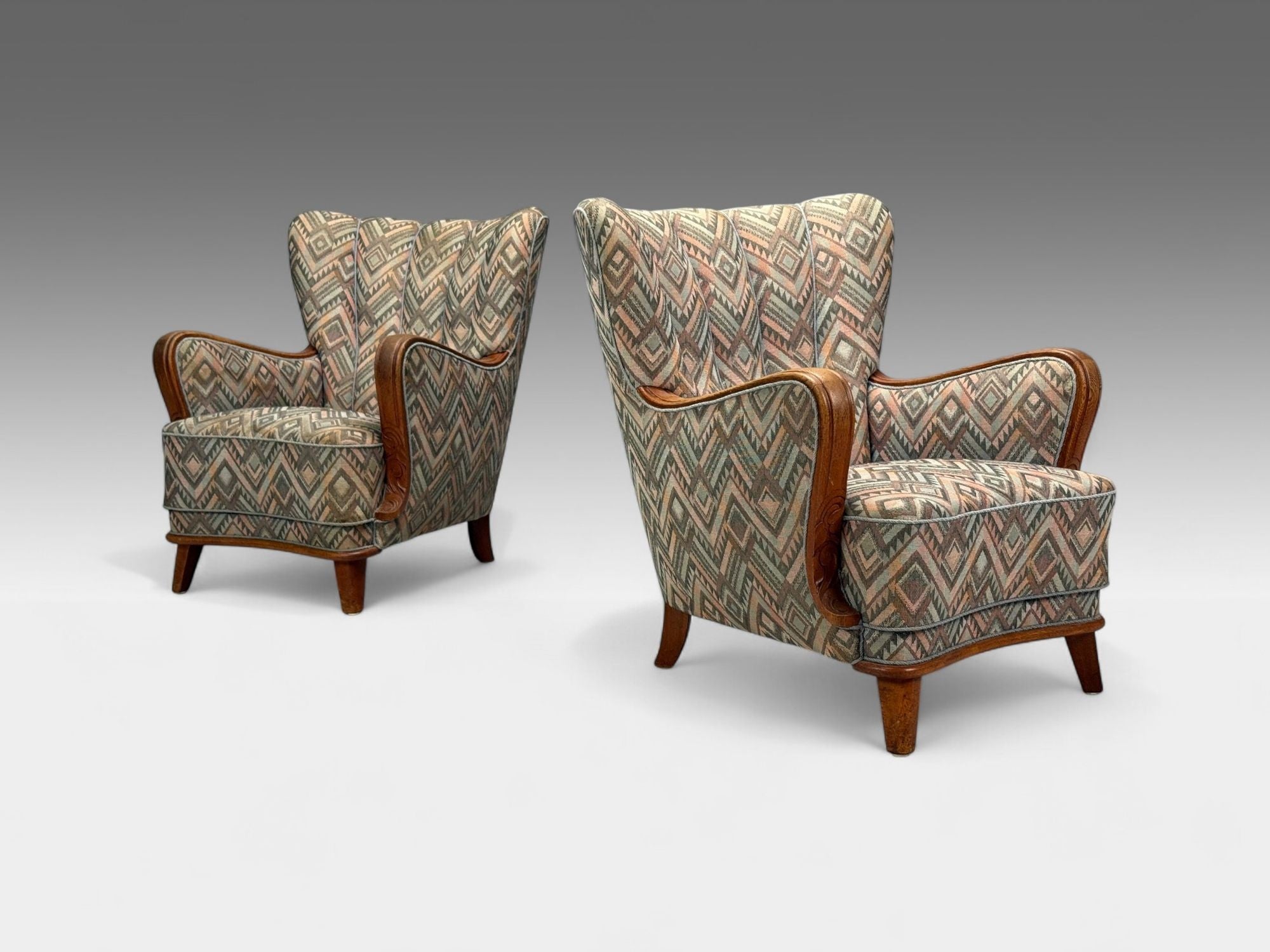Swedish Art Deco, Stained Wood, Fabric, Organic Lounge Chairs, Sweden, 1970s