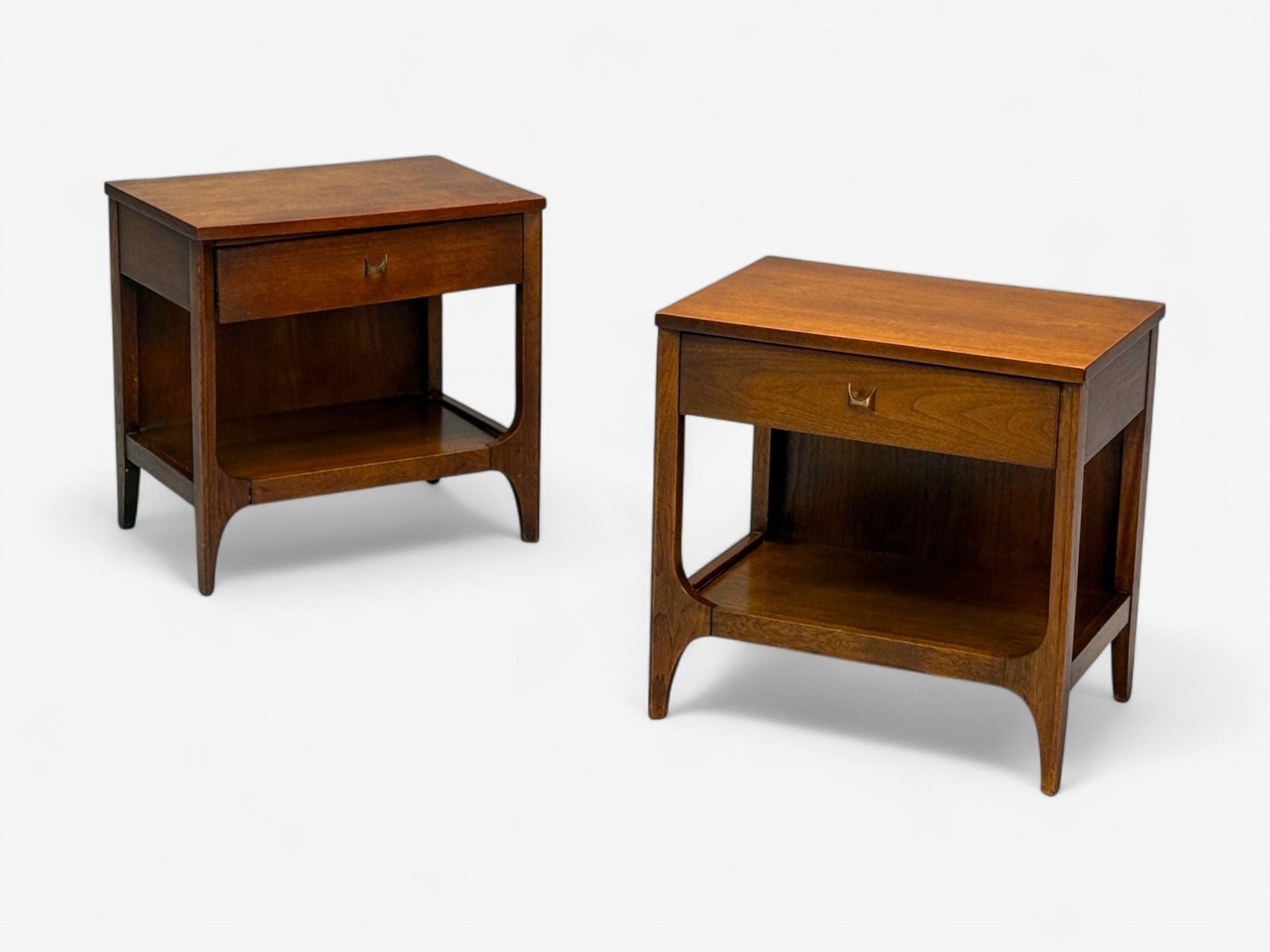 Broyhill Brasilia, Mid-Century Modern, Walnut, Brass, Nightstands, USA, 1960s