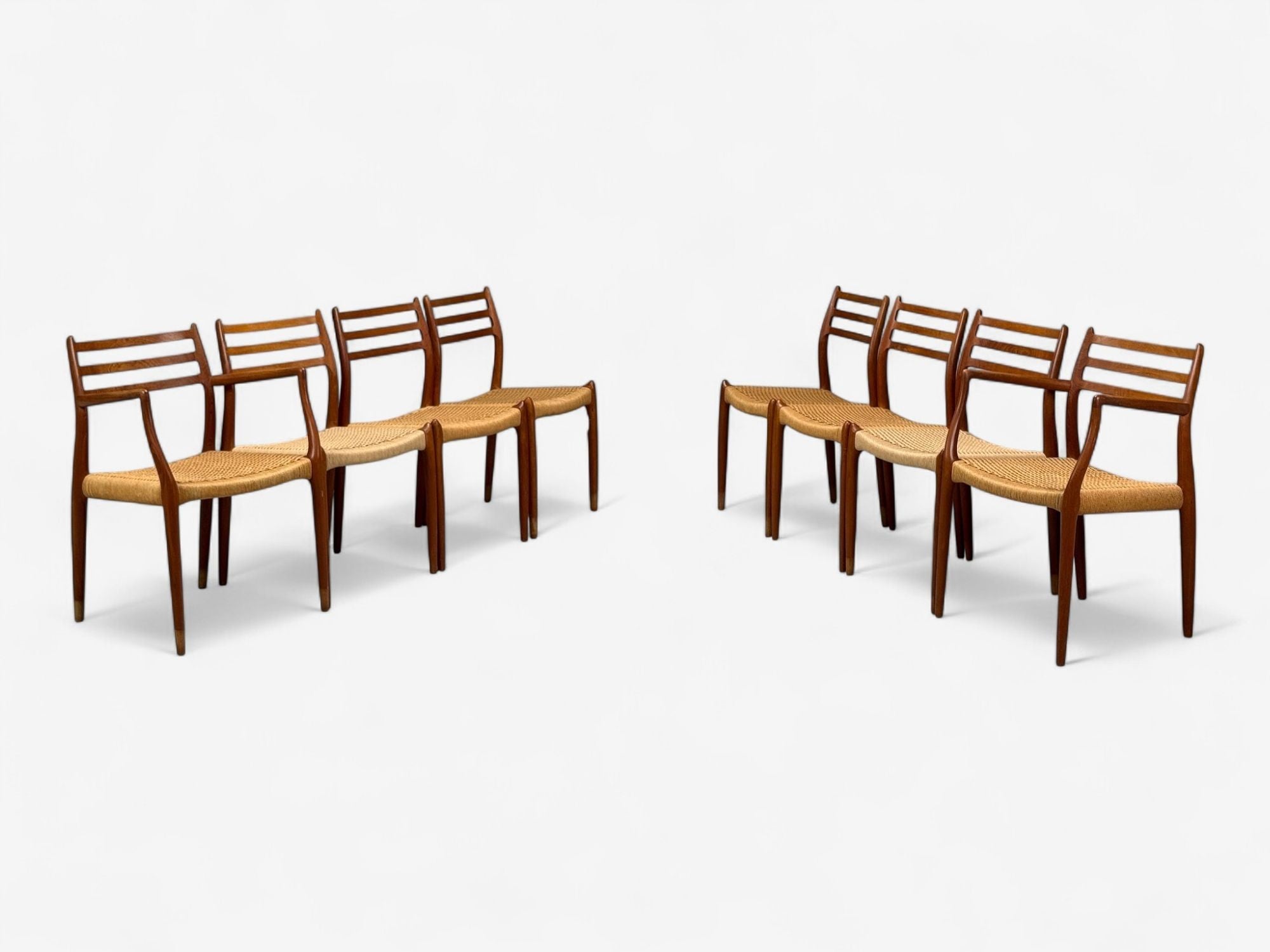 Neils O. Möller, Danish Papercord, Teak, Dining Chairs, Denmark, 1950s