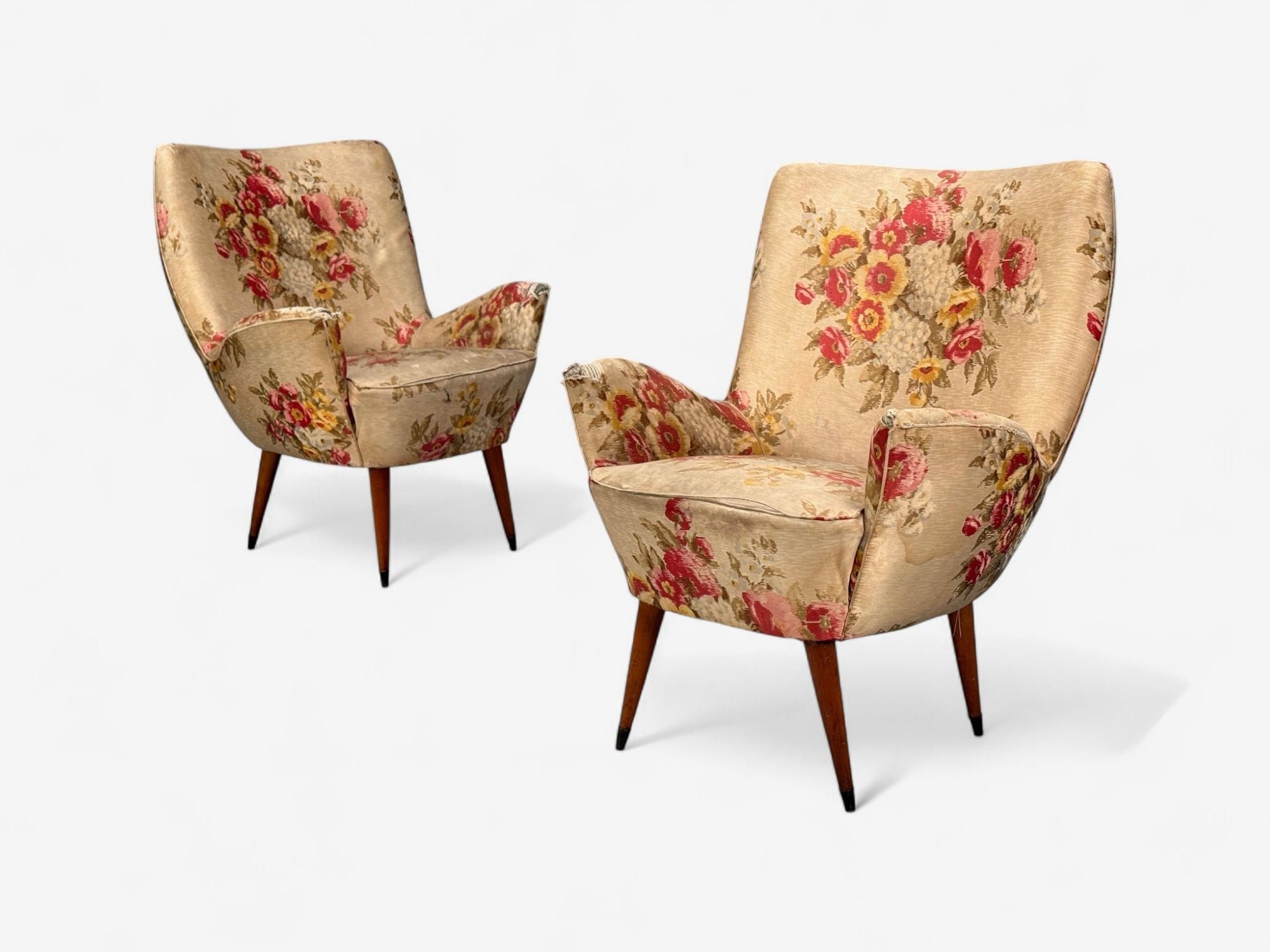 ISA Bergamo, Fabric, Wood, Brass, Organic Lounge Chairs, Italy, 1950s