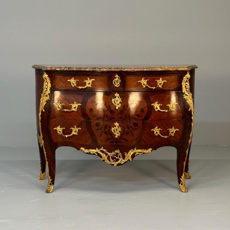 19th Century French Bombe Louis XV Style Marble Top Commode with Floral Inlays