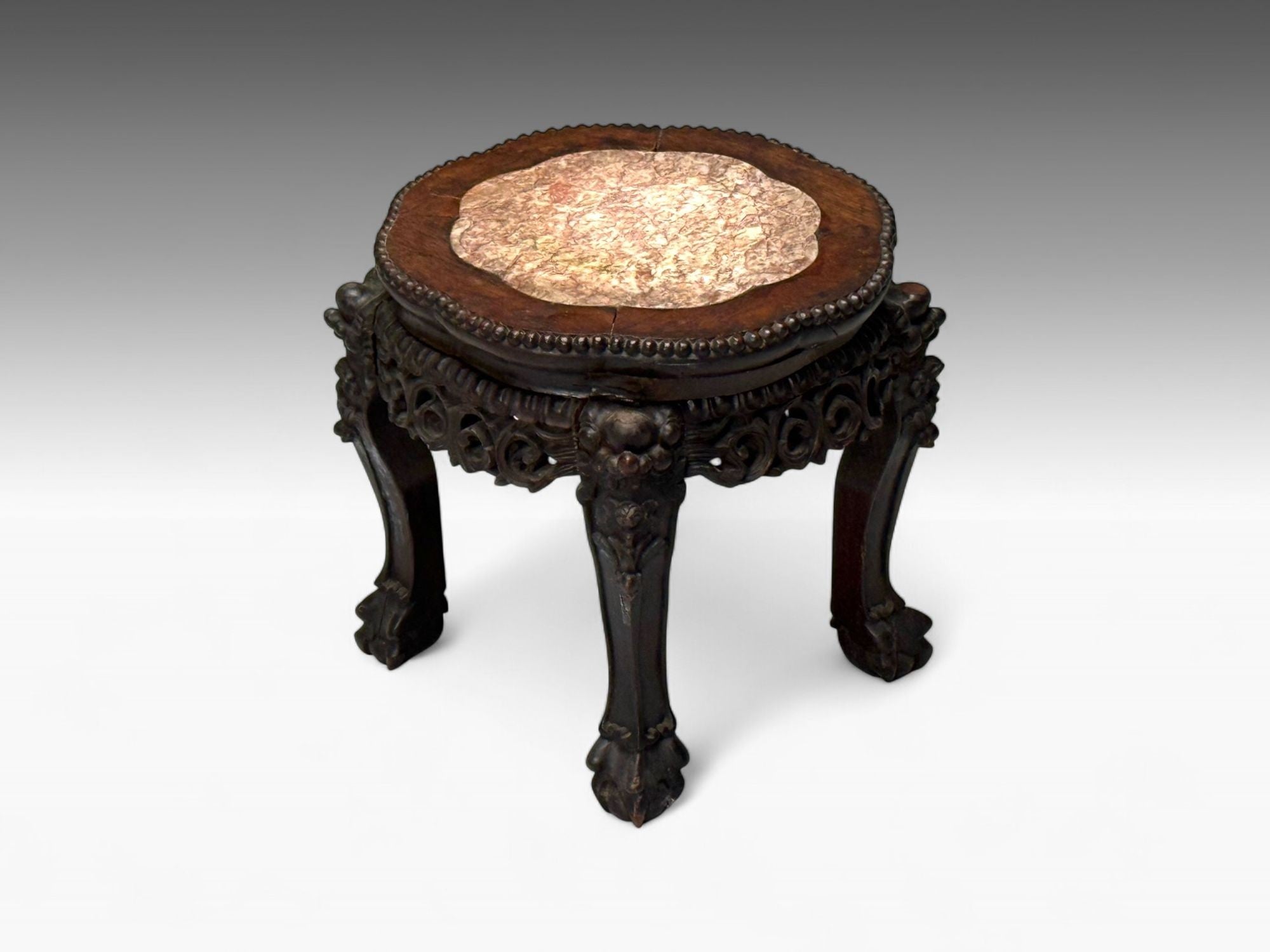 Chinese Export, Carved Hardwood Table, Marble, Low Pedestal, China, 1930s