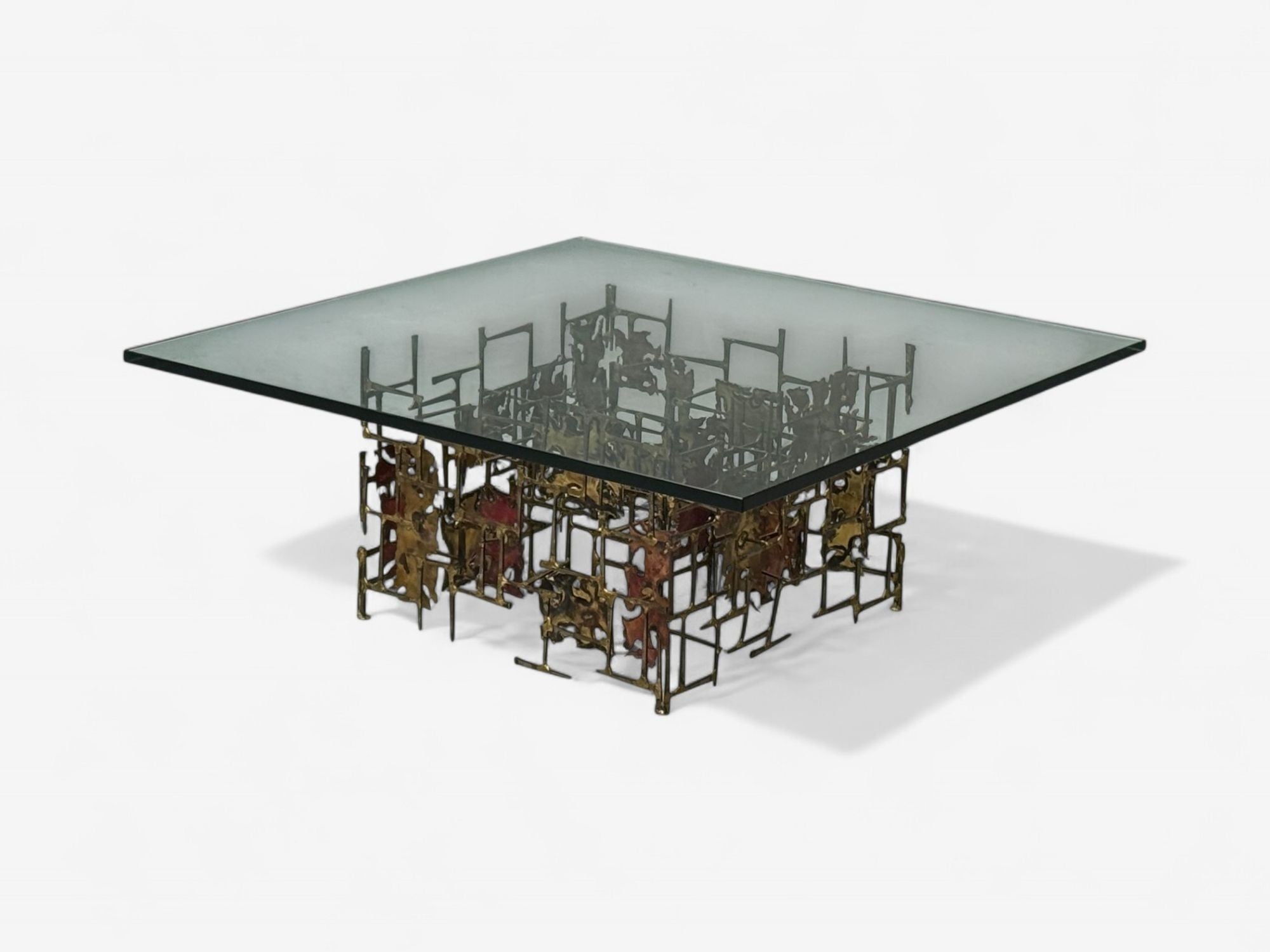 Silas Seandel Style, Brutalist Modern, Metal, Glass, Coffee Table, USA, 1970s