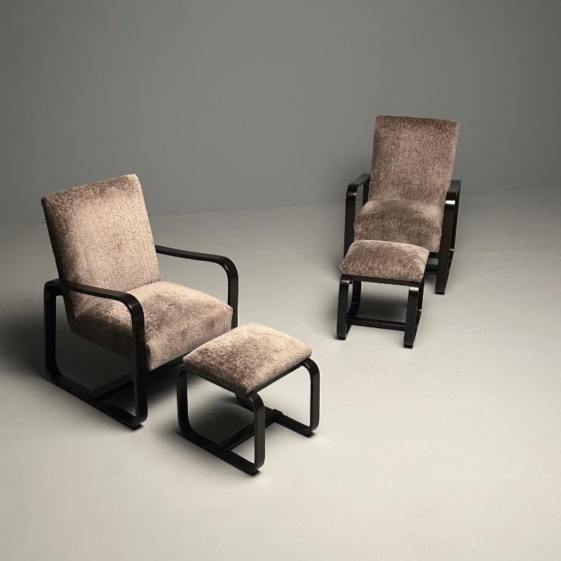 Rare Art Deco Pair of Giuseppi Pagano Pogatschnig Bentwood Armchairs & Ottomans