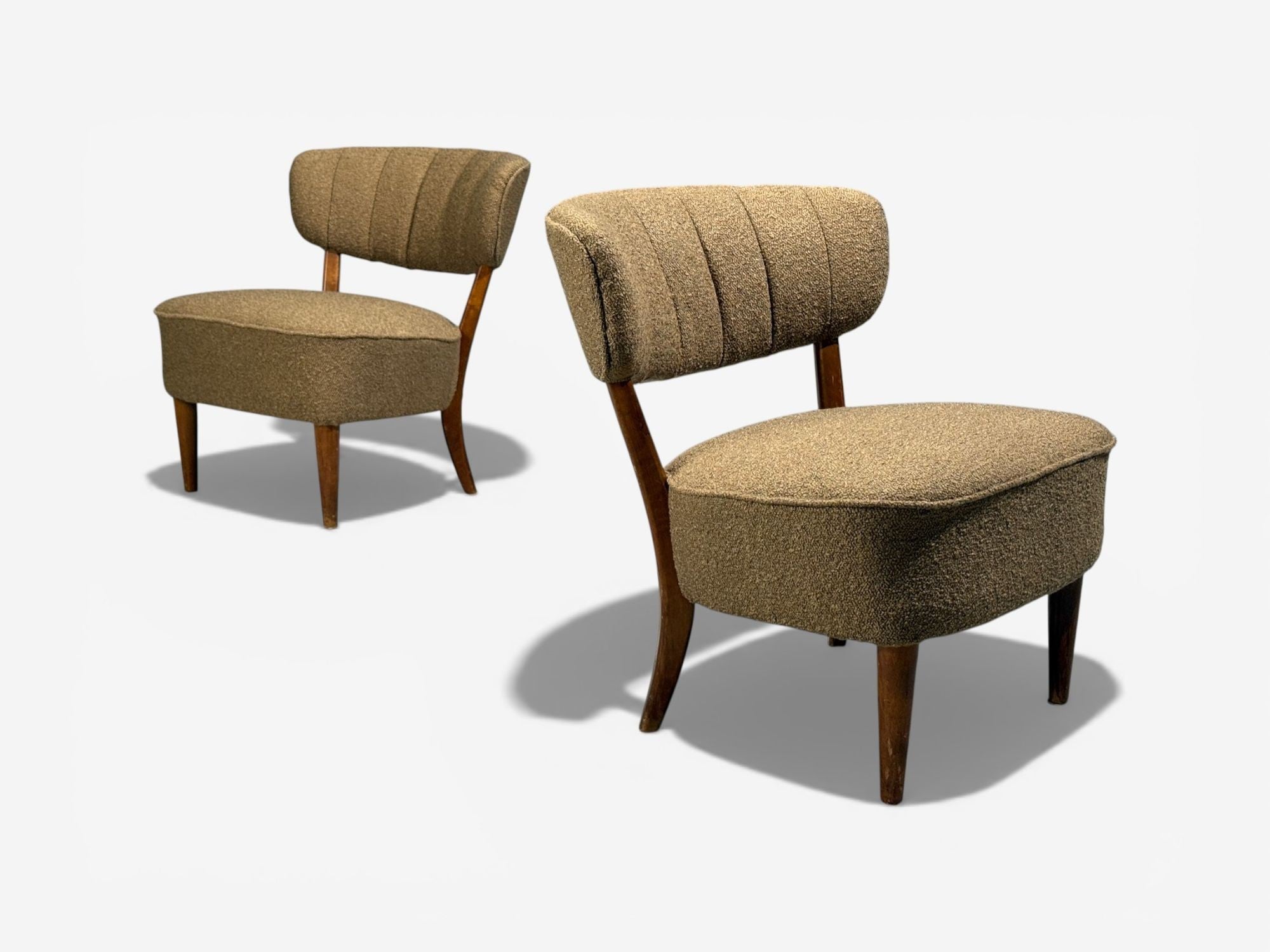 Lisa Johansson-Pape, Lounge Chairs, Brown Boucle, Wood, Finland, 1940s