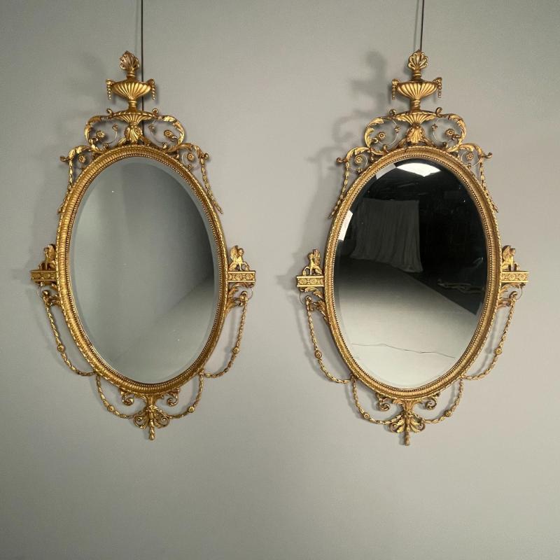Pair of English Regency Style Gilt Wood Oval Mirror, Wall, Console, Over Mantle