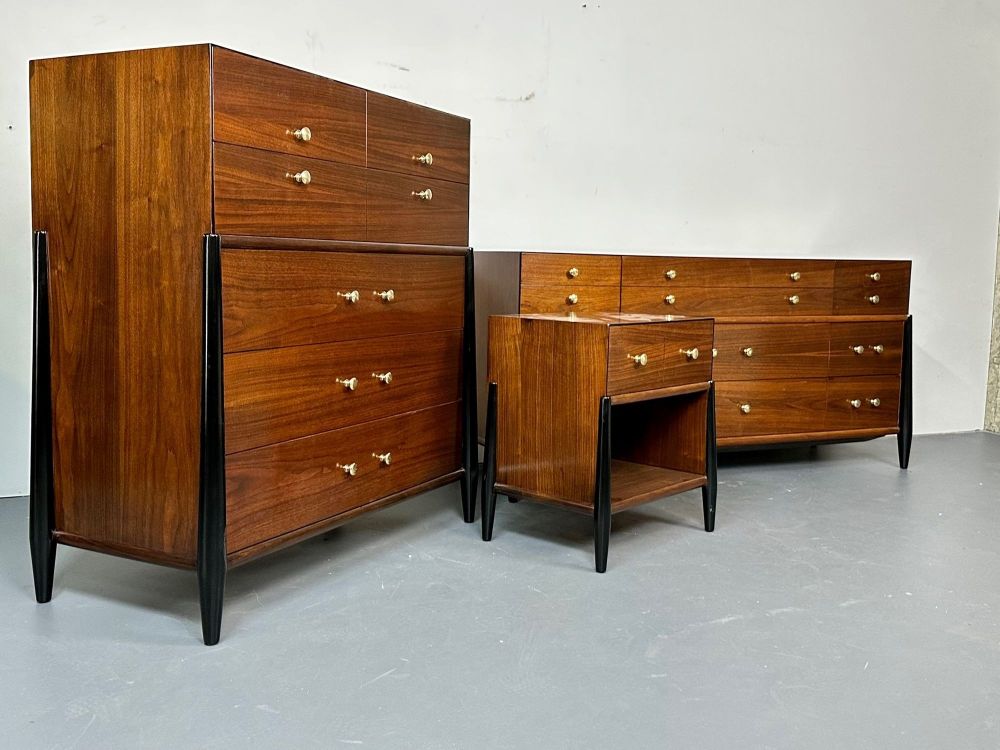 Mid Century Modern Bedroom Set, Dresser, Chest, Nightstand, W. Michigan Furn. Co