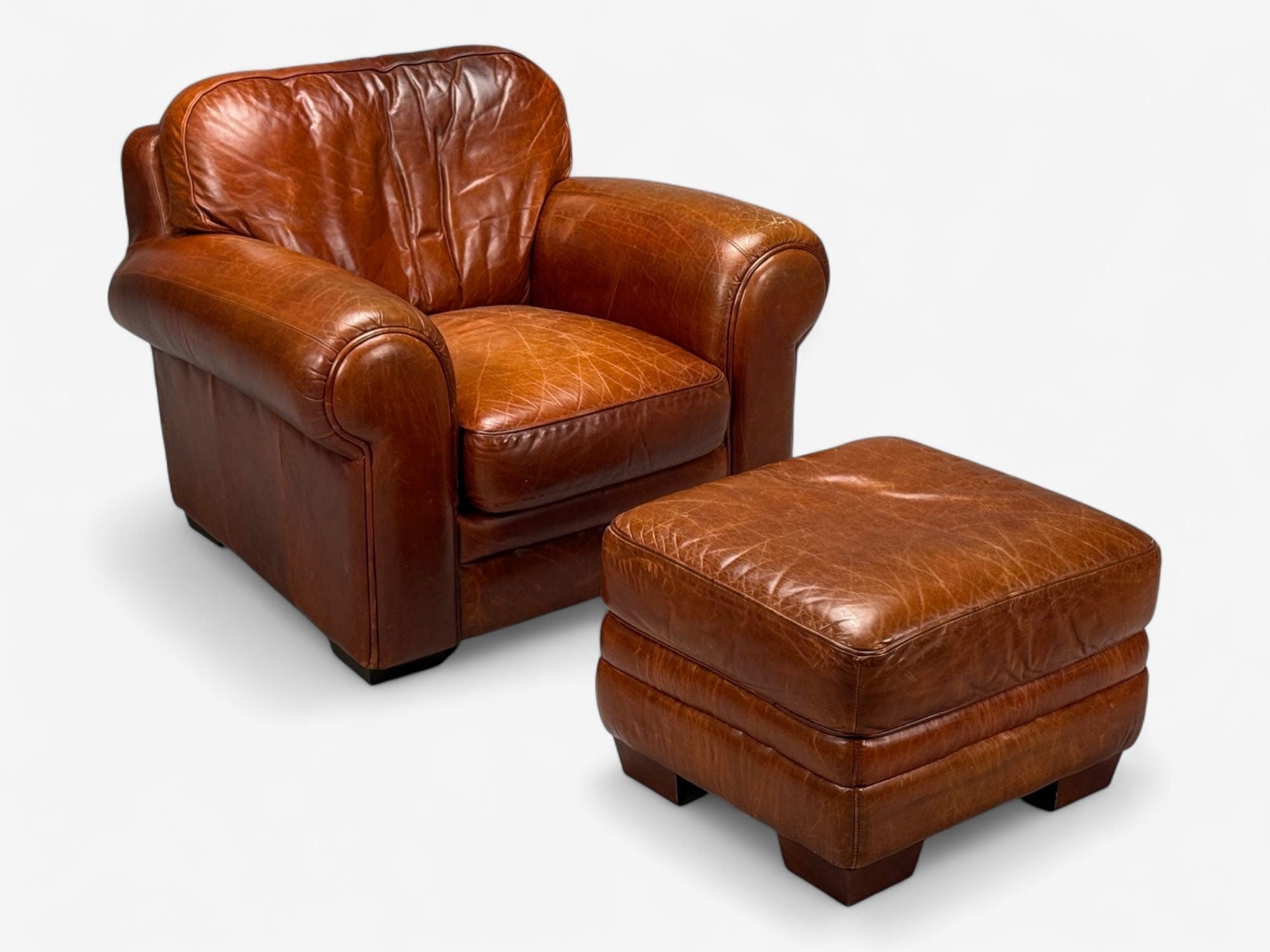 American Modern, Distressed Leather, Club Chair and Ottoman, USA, 1990s