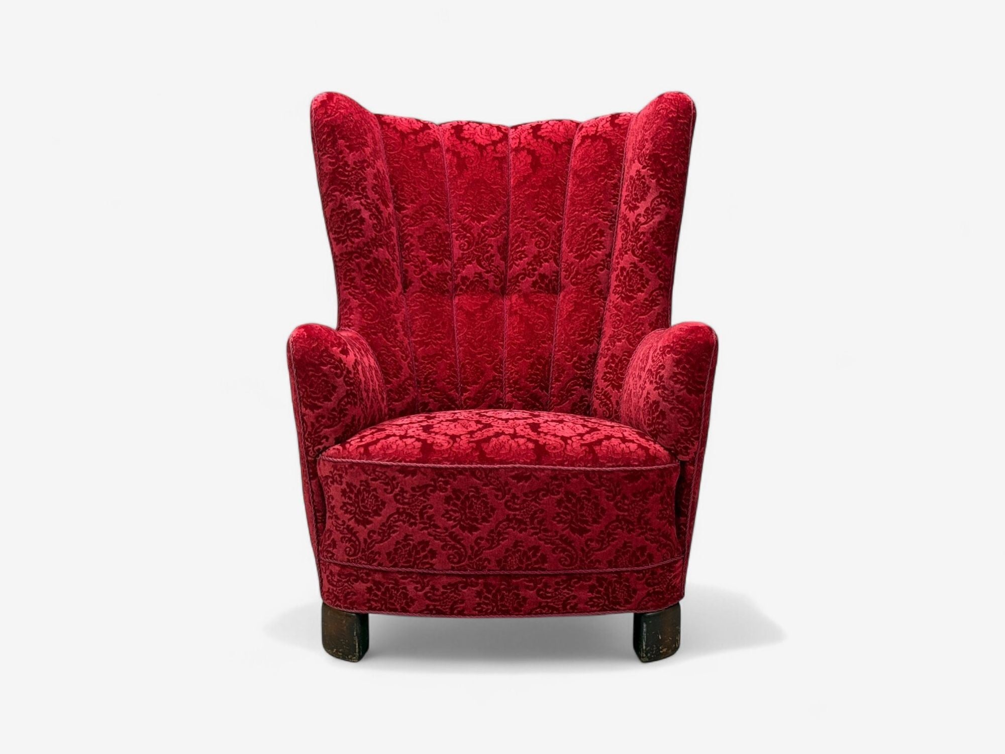 Danish Cabinetmaker, Red Damask, Wood, Lounge Chair, Denmark, 1950s