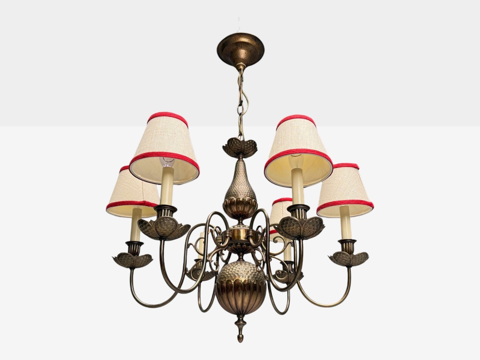 Baroque, Hammered Brass, Bronze, Fabric, Pendant Light, 1950s