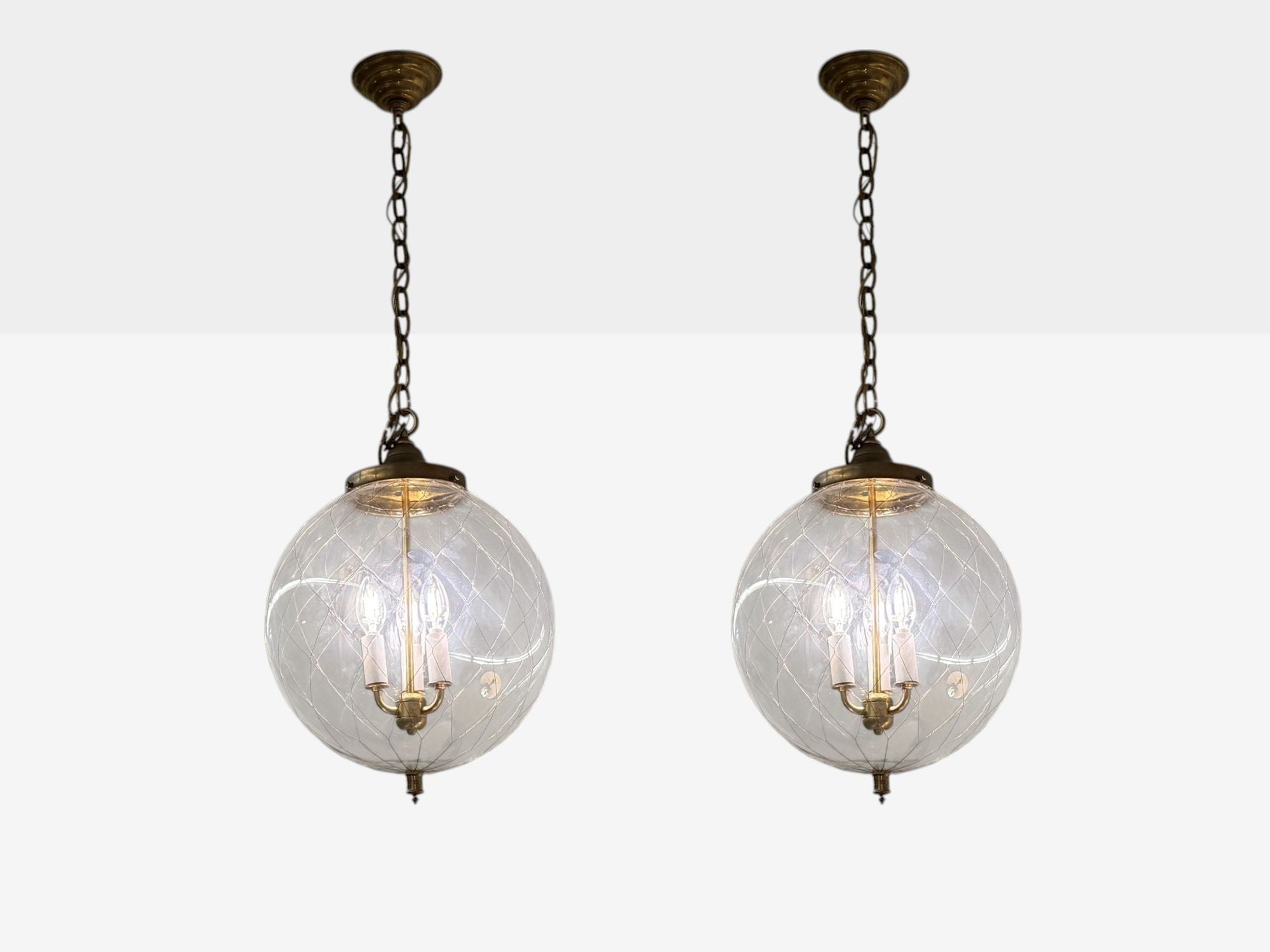 French Mid Century Modern, Brass, Blown Glass, Globe Pendant Lights,1950s