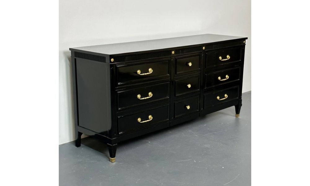 Hollywood Regency Black Lacquer Dresser, Chest, Sideboard, Maison Jansen Style