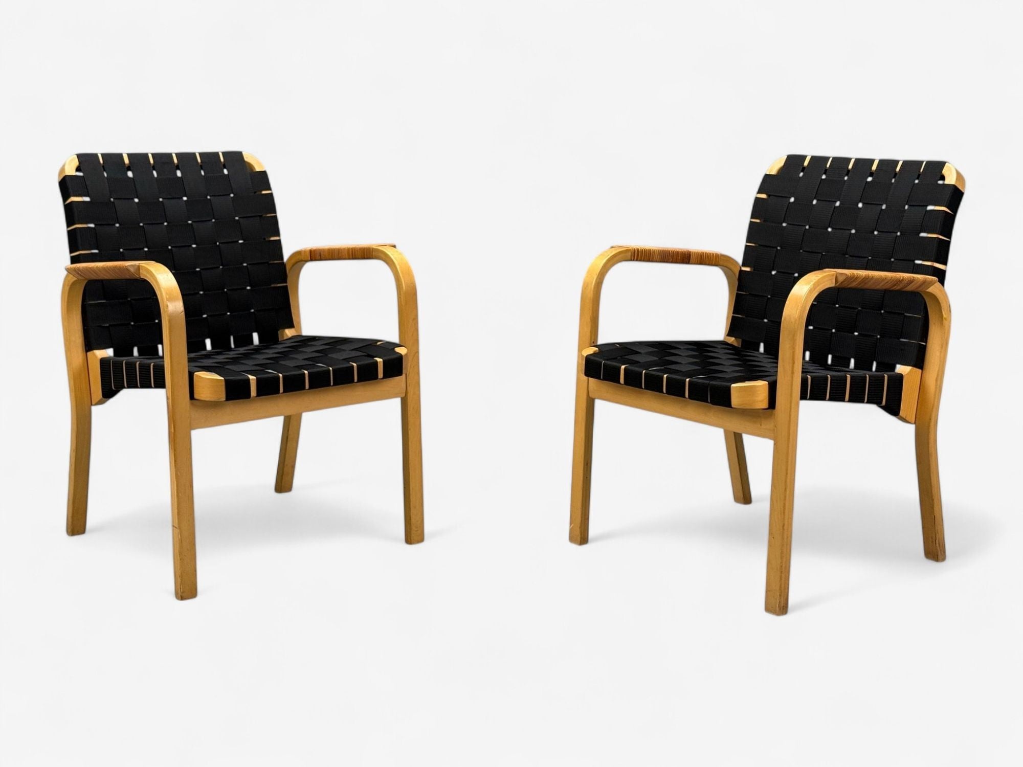 Alvar Aalto, Birch, Rattan, Black Linen Webbing, Armchairs, Finland, 1980s
