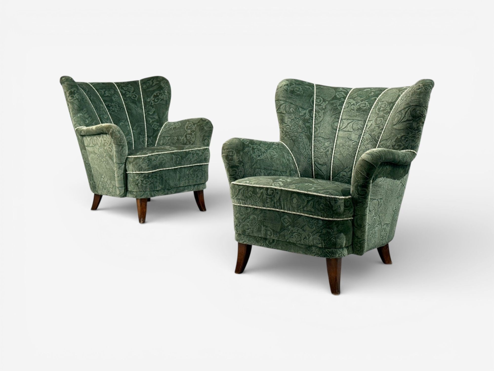 Ilmari Lappalainen, Lounge Chairs, Beech, Green Fabric, Finland, 1950s