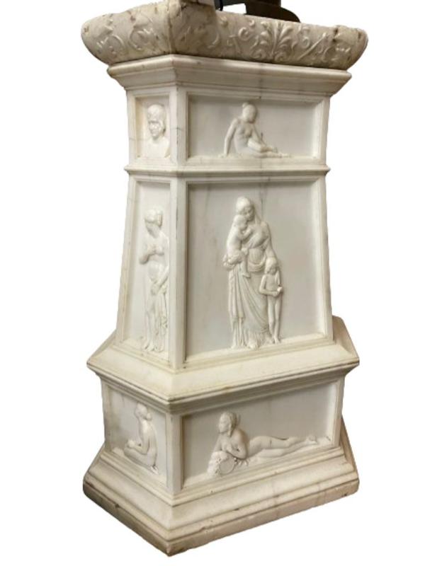 19th Century Italian Carrara Marble Pedestal, Neoclassical Carvings, Figural