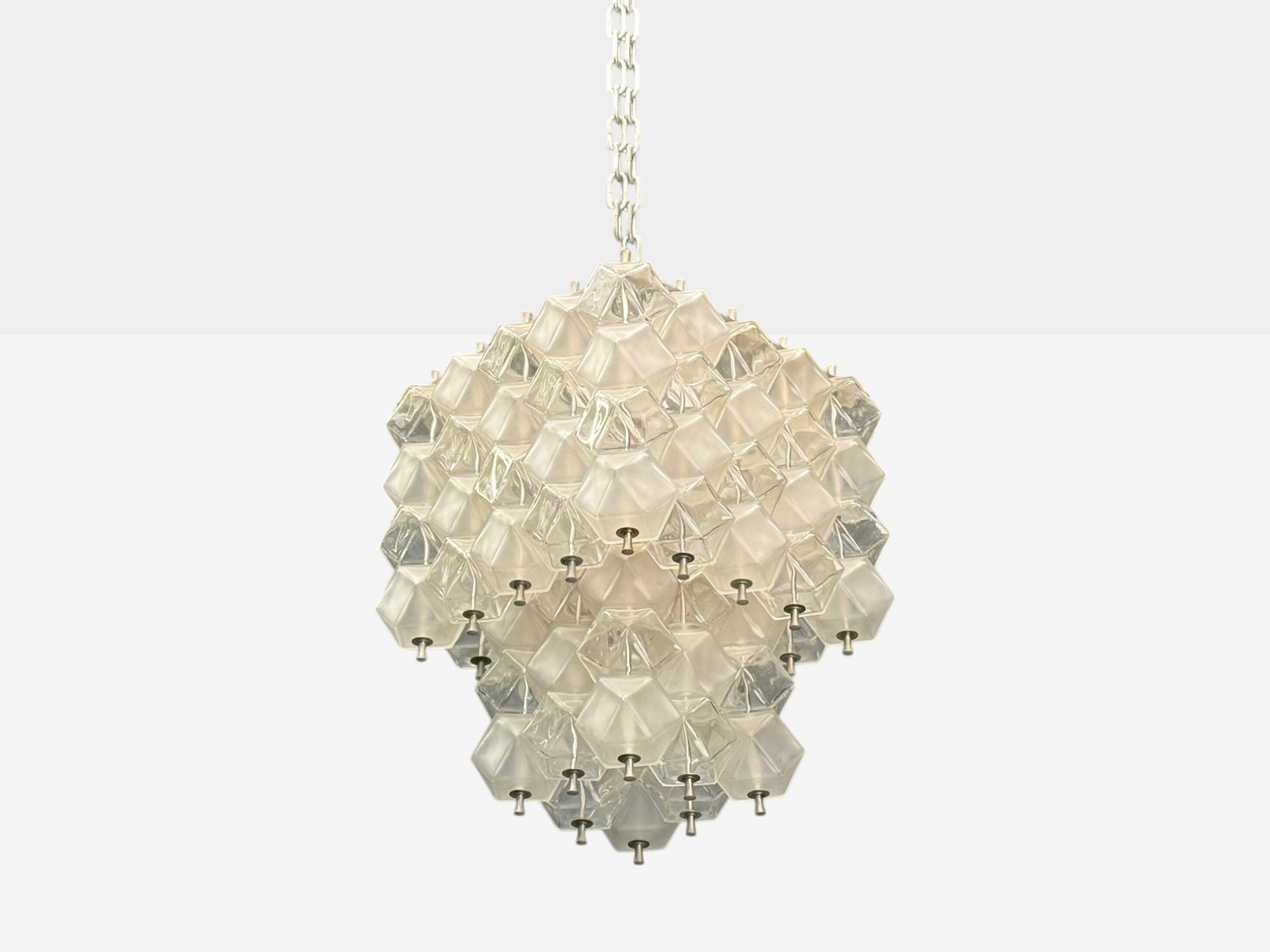 Venini Poliedri, Faceted Glass, Metal, Geometric Chandelier, Italy, 1950s