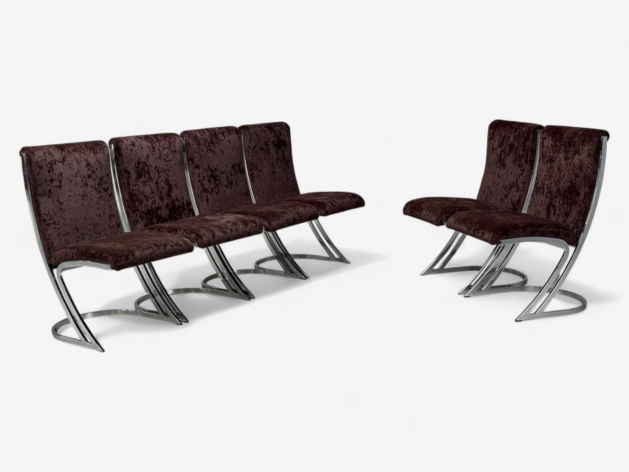 Pierre Cardin, Chromed Metal, Velvet, Six Dining Chairs, USA, 1970s