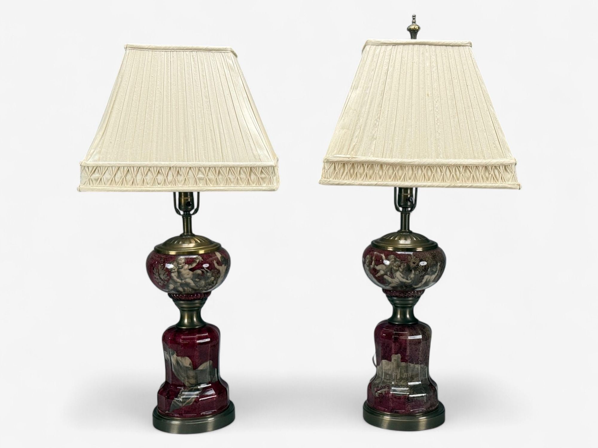 Neoclassical, Cranberry Glass, Decoupage Cherub Table Lamps, USA, 1930s