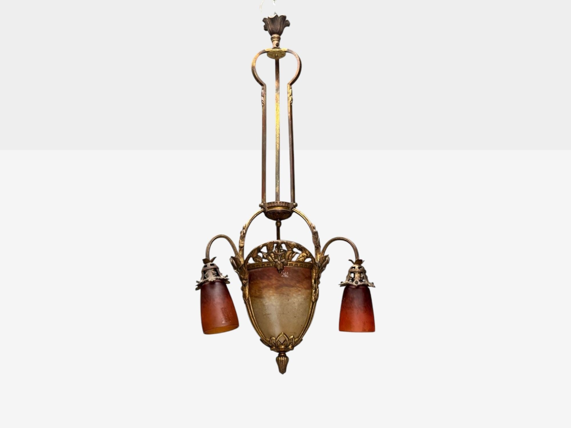 Muller Frères, French Art Deco, Bronze, Glass, Chandelier, France, 1920s