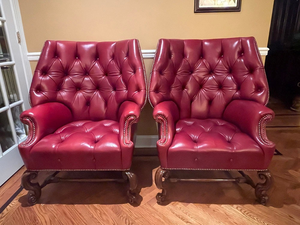 Pair Oversized Tufted Leather Wingback Lounge Chairs, Georgian, Finest Quality