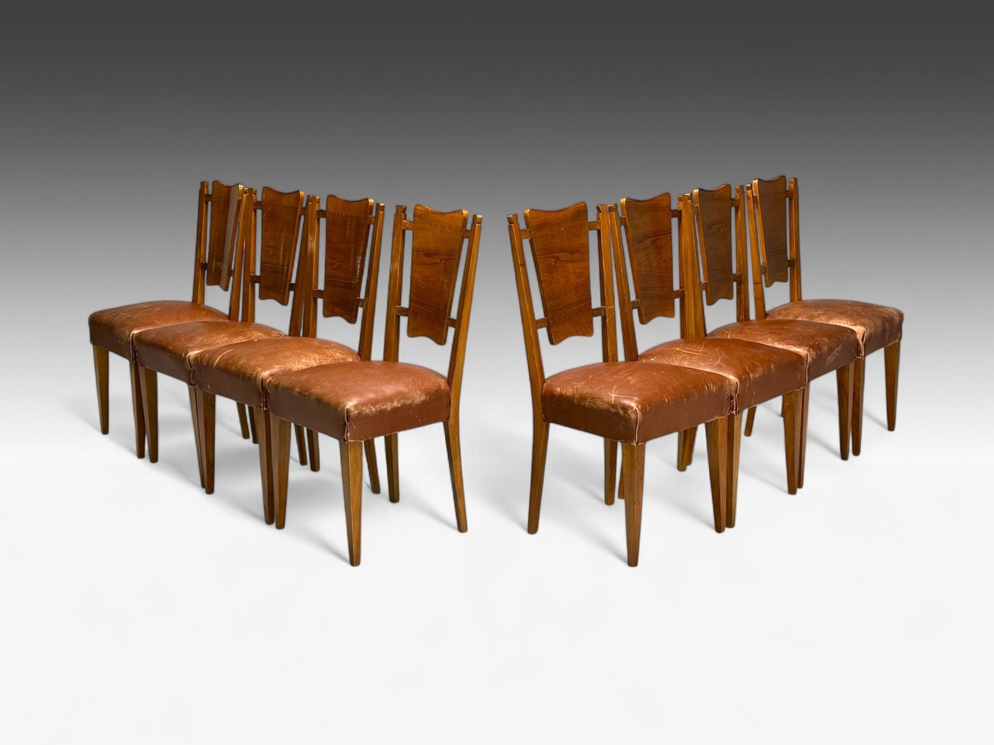 Italian Modern, Walnut, Leatherette, Eight Dining Chairs, Italy, 1950s