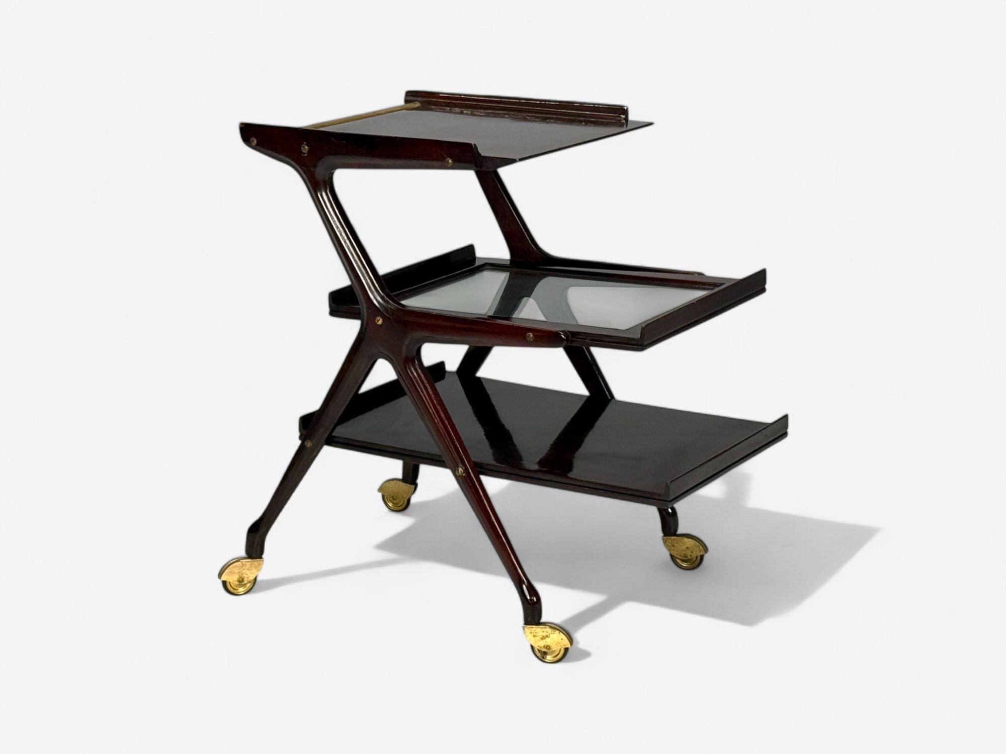Ico Parisi Style, Italian Modern, Wood, Brass, Glass, Bar Cart, Italy, 1950s