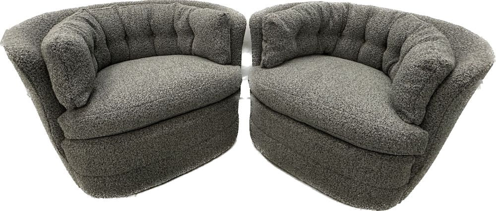 Mid-Century Modern Style Swivel, Rolling Lounge Chairs, Baughman Style, Boucle