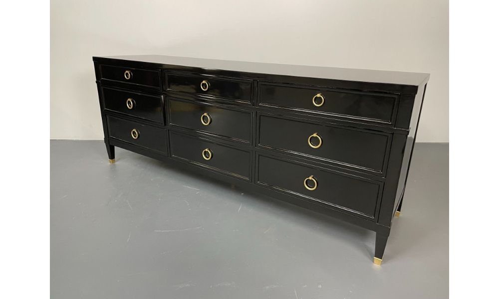 Hollywood Regency Black Lacquered Dresser / Sideboard, Bronze, Baker Furniture