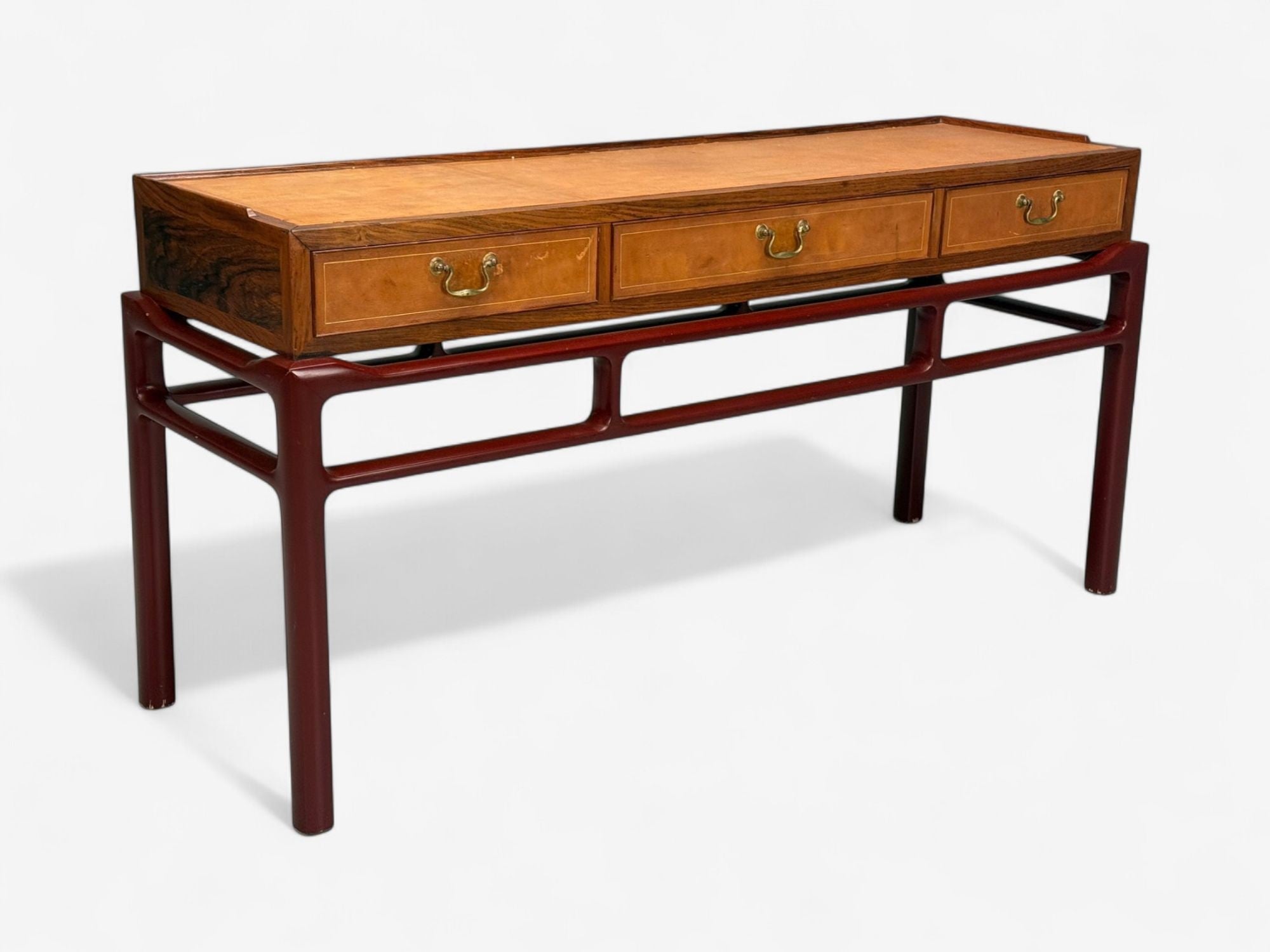 Frits Henningsen attr., Rosewood, Leather, Brass, Console Table, Denmark, 1950s