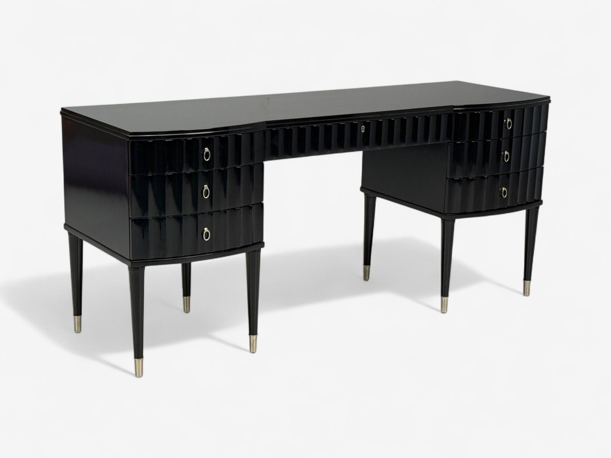 Baker, Hollywood Regency, Black Lacquer, Chrome, Writing Desk, USA, 21st C.