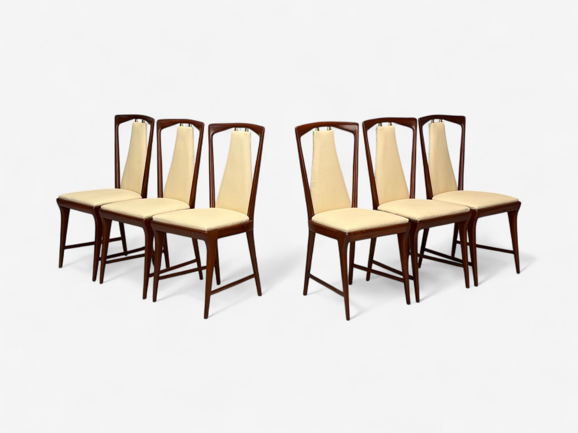 Osvaldo Borsani attr., Mahogany, Brass, Leather, Dining Chairs, Italy, 1950s