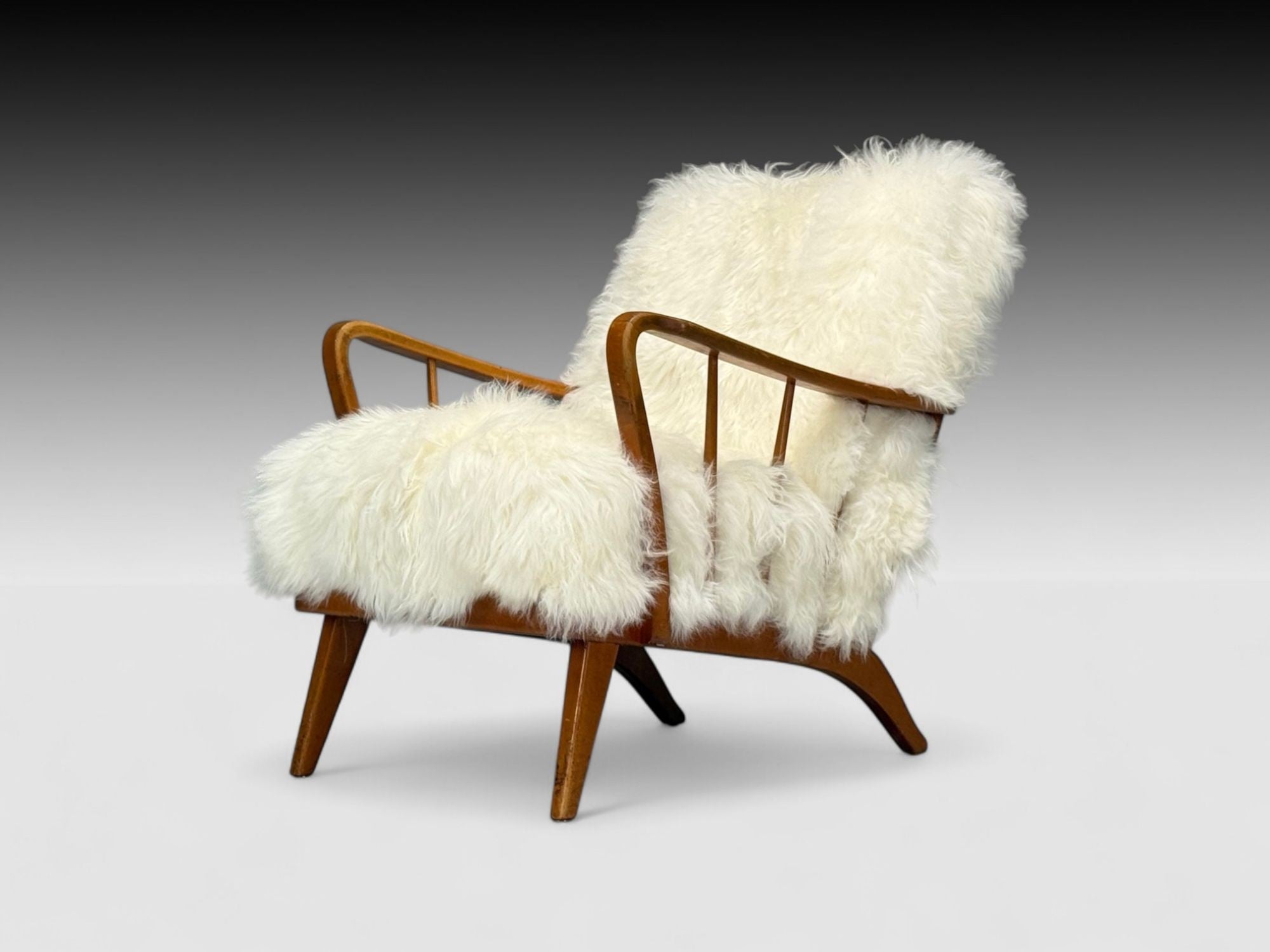Danish Modern, Beech, Mongolian Fur, Lounge Chair, Denmark, 1950s